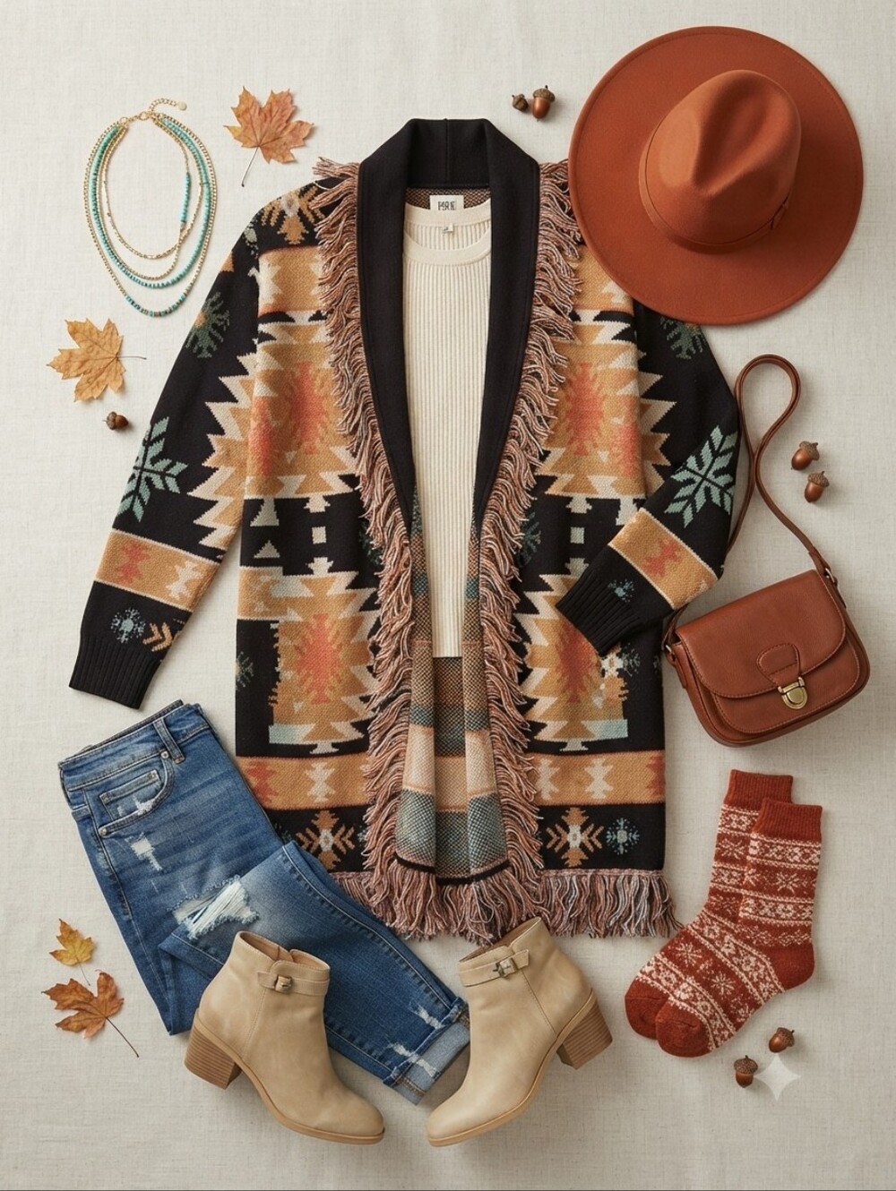 BKE Buckle Southwestern Fringe Open Front Cardigan Sweater